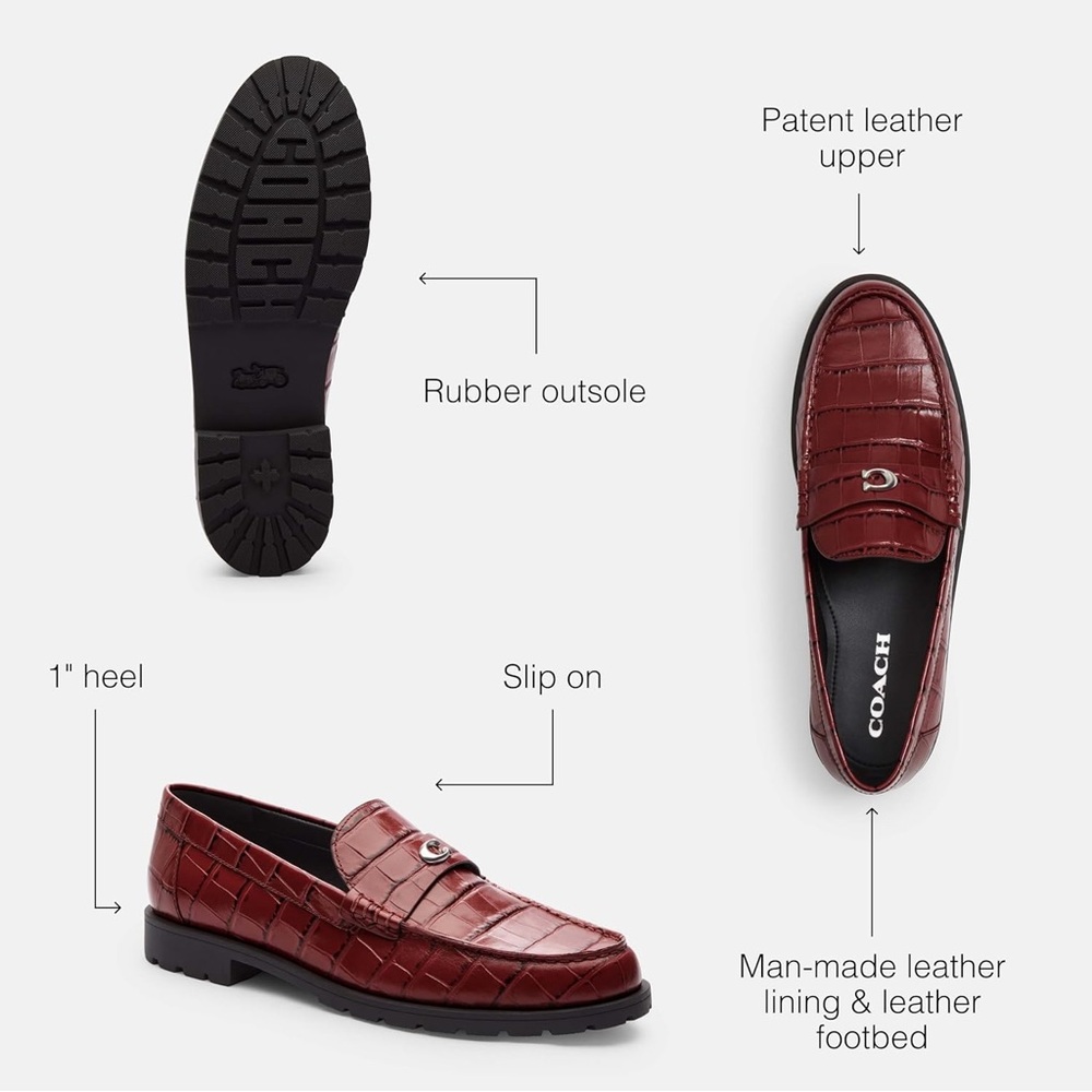 Coach Jocelyn Croc Embossed Dark Ruby Red Leather Slip On Penny Loafers Flats - Picture 5 of 13